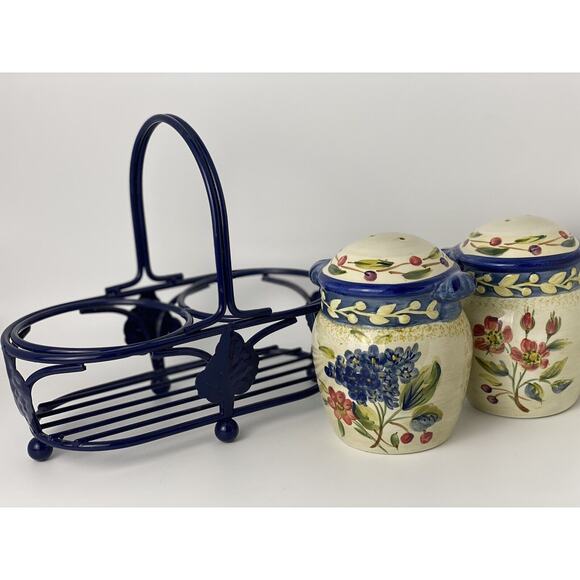 CIC Vintage Large Floral Salt and Pepper Shaker Set w Carrier/Holder - Picture 12 of 14